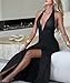 Ekaliy Women's Sexy Halter Deep V Neck Maxi Dress Sleeveless Backless High Slit Ruched Long Dress Summer Party Cocktail Dress Black