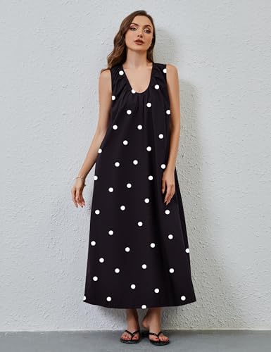 Image of OLAPTA Women Summer Sleeveless Maxi Dress Scoop Neck Ruched Loose Fit Casual Elegant Solid Vacation Long Dress with Pockets