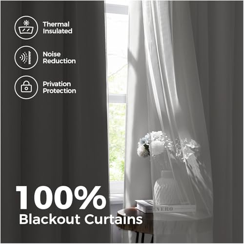 Image of 100% Blackout Curtains for Bedroom, Double Layer White Curtains, Black Out Curtain 72 inch Long with Sheer Overlay for Living Room, Room Darkening Window Drapes with Grommet, 52 inch W x 72 inch L