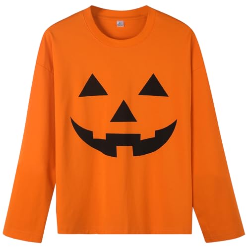Zusnxaxe Halloween Jack O-Lantern Long Sleeve T-Shirt, Cotton Unisex Graphic Design, Crew Neck, Casual Fall Wear Orange