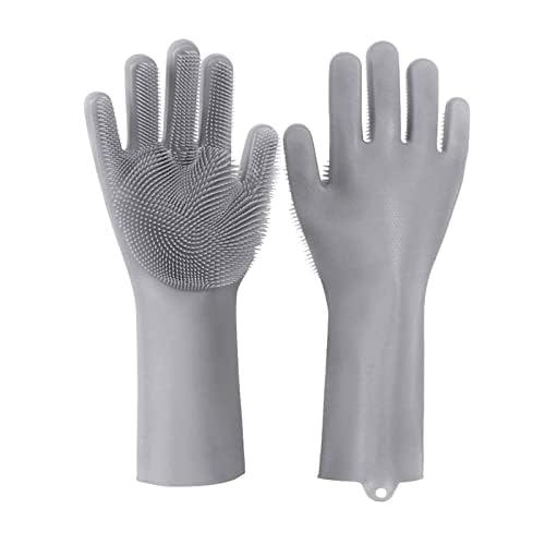 Image of Silicone Cleaning Gloves - Reusable Dishwashing Scrubber Gloves with Bristles - Waterproof, Non-Slip, Durable Kitchen Gloves for Washing Dishes, Car, Bathroom Cleaning (Grey, 2 Pair)