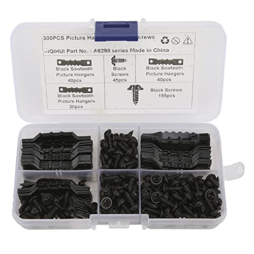 Image of 100Pcs Sawtooth Picture Hangers Stable Seamless Sawtooh Frame Hanging Hooks with 200Pcs Screws (Black)