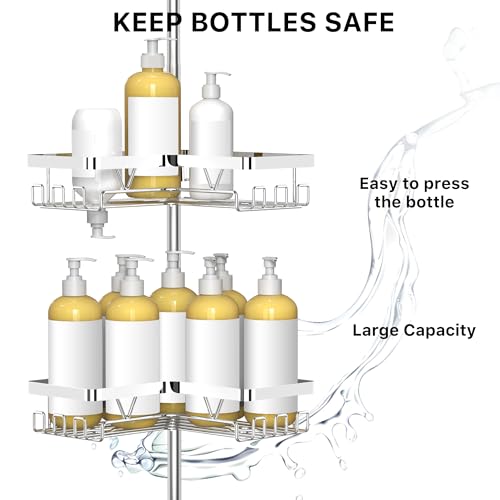 Image of KEGII Corner Shower Caddy Tension Pole - Chrome 4-Tier Adjustable Shower Tension Rod Organizer with Hooks & Soap Holders, 25-114.2 Inch Stainless Steel Shower Storage Rack for Renters & Family