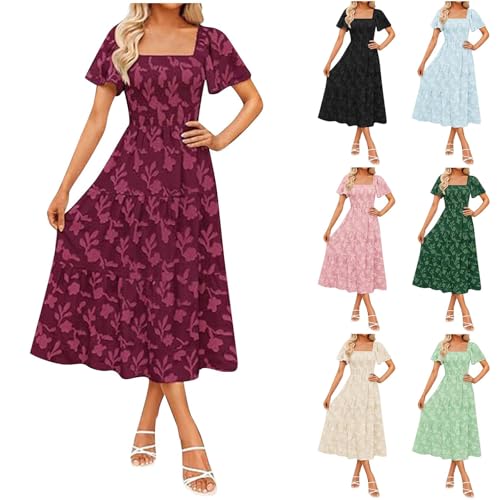 HGps8w Women's Puff Sleeve Maxi Dress - Boho Floral Print Summer Square Neck Tiered Ruffle A Line Long Flowy Beach Dresses2