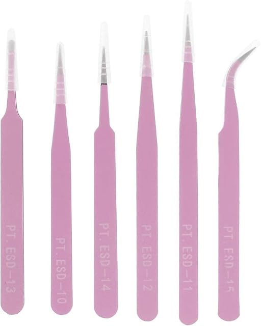 ChgImposs 6PCS Precision Tweezers Set, 116mm-133mm Anti-Static Stainless Steel Tweezers Kit Curved Tweezers for Craft, Jewelry, Electronics, Laboratory Work, Soldering - Pink