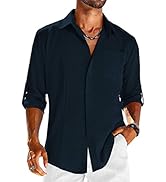 COOFANDY Mens Cuban Guayabera Shirts Linen Long Sleeve Casual Button Down Shirts for Men Beach Sh...