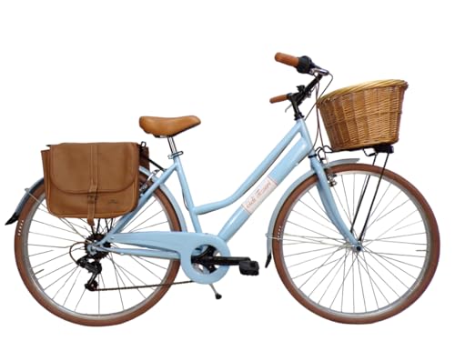 Cicli Tessari - Bicicleta para mujer, modelo city bike, para paseo, 28'' con cambio vintage retro, cesta de mimbre, bolsas laterales (azul cielo)