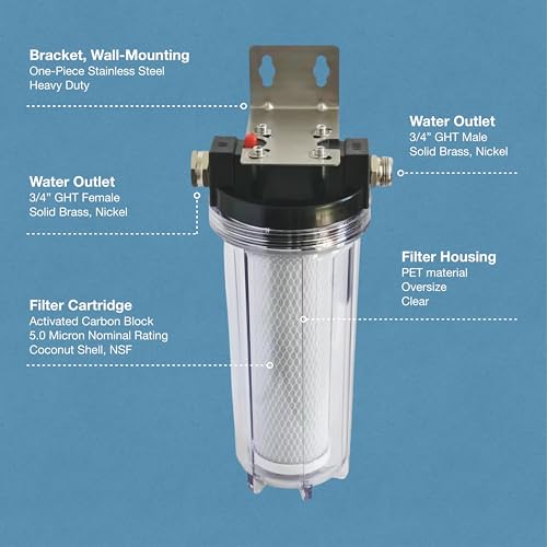 Image of Pro X1 RV Water Filter Housing with High Efficiency Activated Carbon Filter 2.5X10 inch, Heavy Duty Stainless Steel Bracket, Clear