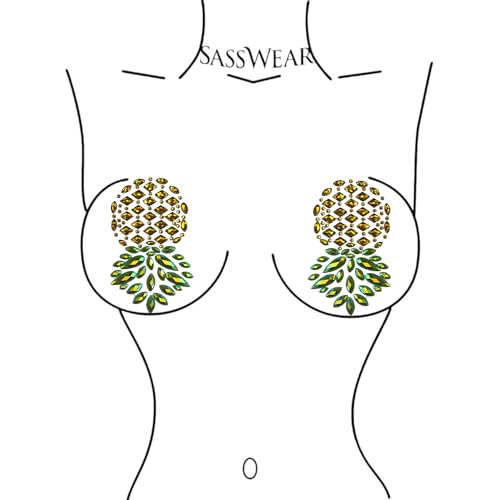Sasswear Pineapple Jeweled Nipple Pasties, Pasties for Women, Crystal Rhinestone Nipple Cover Pasties for Festivals and Raves, Pasties for Swingers Gold3