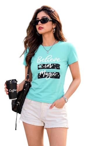 Image of Preneum Women's Graphic Printed T-Shirt, Round Neck Half Sleeve Casual Slim Fit Cotton Blend Tee, College, Office & Travel
