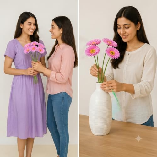 Image of CURATED CART Gerbera Daisy Flowers - Pack of 5 Faux Blooms, 30cm Tall | Real Touch PU Petals with Bendable Green Stems | Artificial Flower Bouquet for Home, Kitchen, Office (No Vase) (Light Piink)