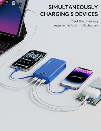 Image of Nusyddy Portable Charger 20000mAh PD20W w /Built-in Cables & Wall Plug Navy | PD20W Fast Charging, High Capacity, LED Display, Charge 5 Devices at once, TSA Approved, Compatible with iPhone /iPad /Samsung