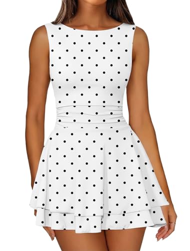 Image of IWD Women's Boat Neck Sleeveless Mini Dress Ruched Waist Flowy Tiered Ruffle Hem A Line Party Short Dresses