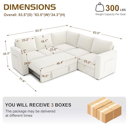 Image of 83.5 inch Sectional Sleeper Sofa with Pull Out Couch, Modern 5 Seat L Shaped Modular Couch, Sectionals Modular Sofa with Storage, Comfy Sectional Couches for Living Room & Apartment,Light Beige