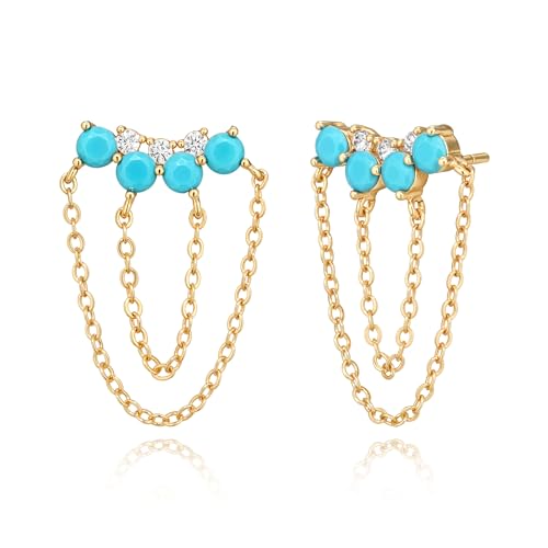 OSIANA Evil Eye Crown Dangle Earrings for Women, 14K Gold Plated Studs Created Turquoise Cubic Zirconia Chain Drop Spiritual Protection Jewelry