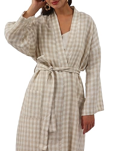 Image of Amazhiyu Womens Pure Linen Mid Length Kimono Robes Lightweight Long Sleeve Bathrobe