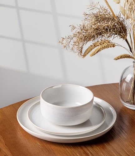 Image of TheTerra Ceramic Dinnerware Sets for 4, 12 Pieces Handmade Reactive Glaze Plates and Bowls Set, Scratch Resistant Dish Set, Oven & Microwave & Dishwasher Safe, Star White