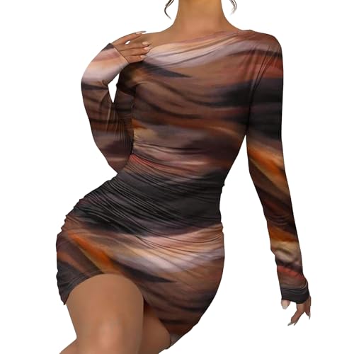 Image of Women's Long Sleeve Bodycon Mini Dress Tie Dye Print Slim Fit Asymmetrical Neck Elegant Formal Ruched Short Dresses