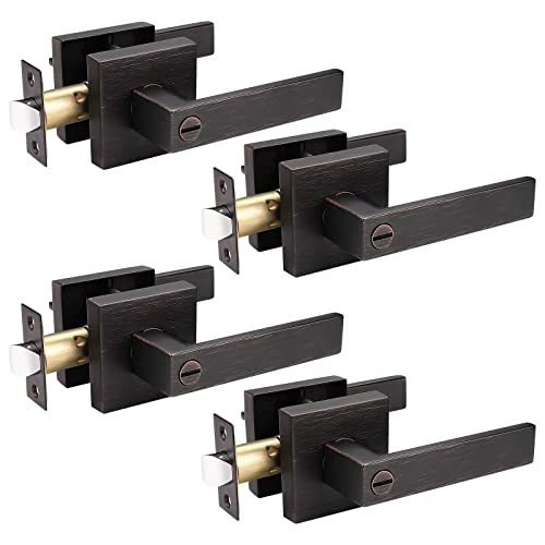 knobelite Juego de 4 manijas de puerta de privacidad, juego de manijas de puerta interior con bloqueo, función de privacidad para puertas de dormitorio y baño, palanca de mango de bronce aceitado