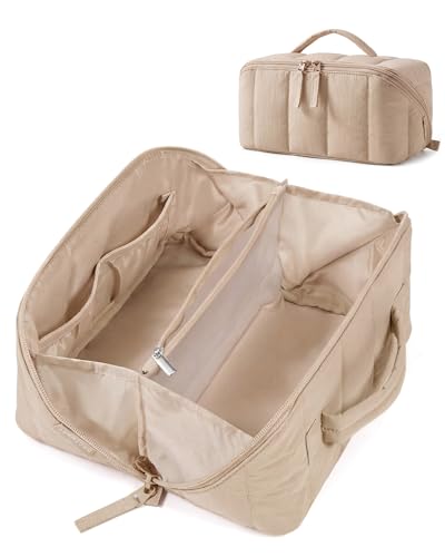 Image of BAGSMART Travel Makeup Bag for Women, Portable Water-resistant Cosmetic Case, Puffy Padded Make Up Organizer Pouch, Open Flat Toiletry Bag for Toiletries, Brushes, Khaki
