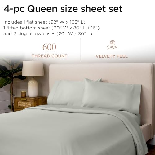 Image of Threadmill 100% Cotton Sheets for Queen Size Bed - 600 Thread Count Queen Bed Sheets Set with 16 inch Deep Pocket - Sateen Weave 4-Piece Bedding Set with Cooling Effect, Light Grey