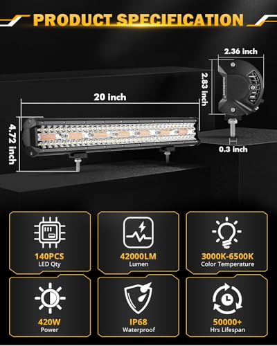 Image of Auxbeam 20 Inch 420W LED Light Bar, 6 Modes Strobe Amber Lights Yellow Fog Light Dual Color Spot Flood Offroad Driving Lights, Memory Function LED Work Lights for Truck Car ATV
