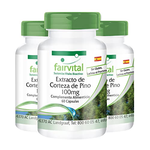 Fairvital | Extracto de Corteza de Pino 100mg - Pinus pinaster atlantica - VEGANO - 95% de proantocianidinas - Dosis elevada - 180 Cápsulas (60 Cápsulas x 3)- Calidad Alemana