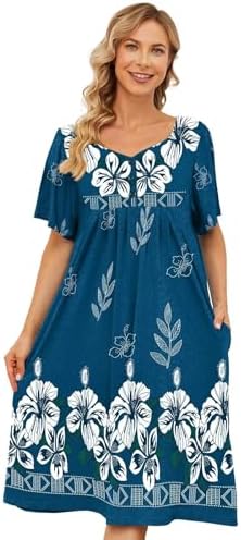 House Dresses for Women with Pockets Moo Moo Nightgown Short Sleeve Mumu Dress Lounge Dress S-3XL