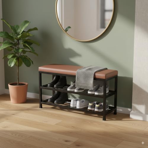 Image of Metal Shoe Rack Bench for Entryway | 2-Tier Shoe Organizer with Comfortable Cushion | Multipurpose Hallway Storage Furniture (Black, Heavy Duty Steel) (Black, Two-Tier Rack)
