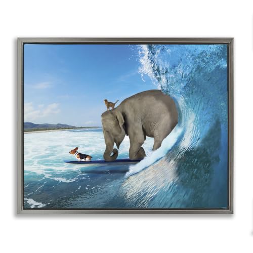 Surfing Elephant Cat Dog Ocean Waves, 24 x 30 Inch Canvas in Floater Frame