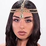 Aularso Layerd Head Chain Rhinestone Hair Jewelry Gold Wedding Headpicec Forehead Halloween Headband for Women and Girls (Gold)