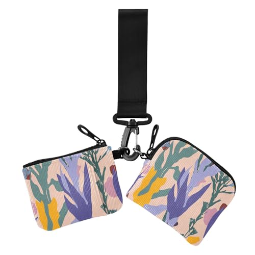 Art Leaves Print Colorful Women's Wallets Card Cases Small Portable Money Organizers with Zipper Coin Pocket for Work Travel 2 Pcs