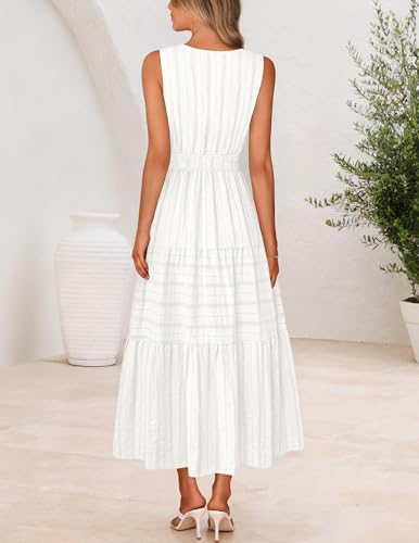 MEROKEETY Spring Summer Midi Dresses for Women 2026 Casual Beach Vacation Sleeveless Boho V Neck Cotton Maxi Dress Pockets - Image 4
