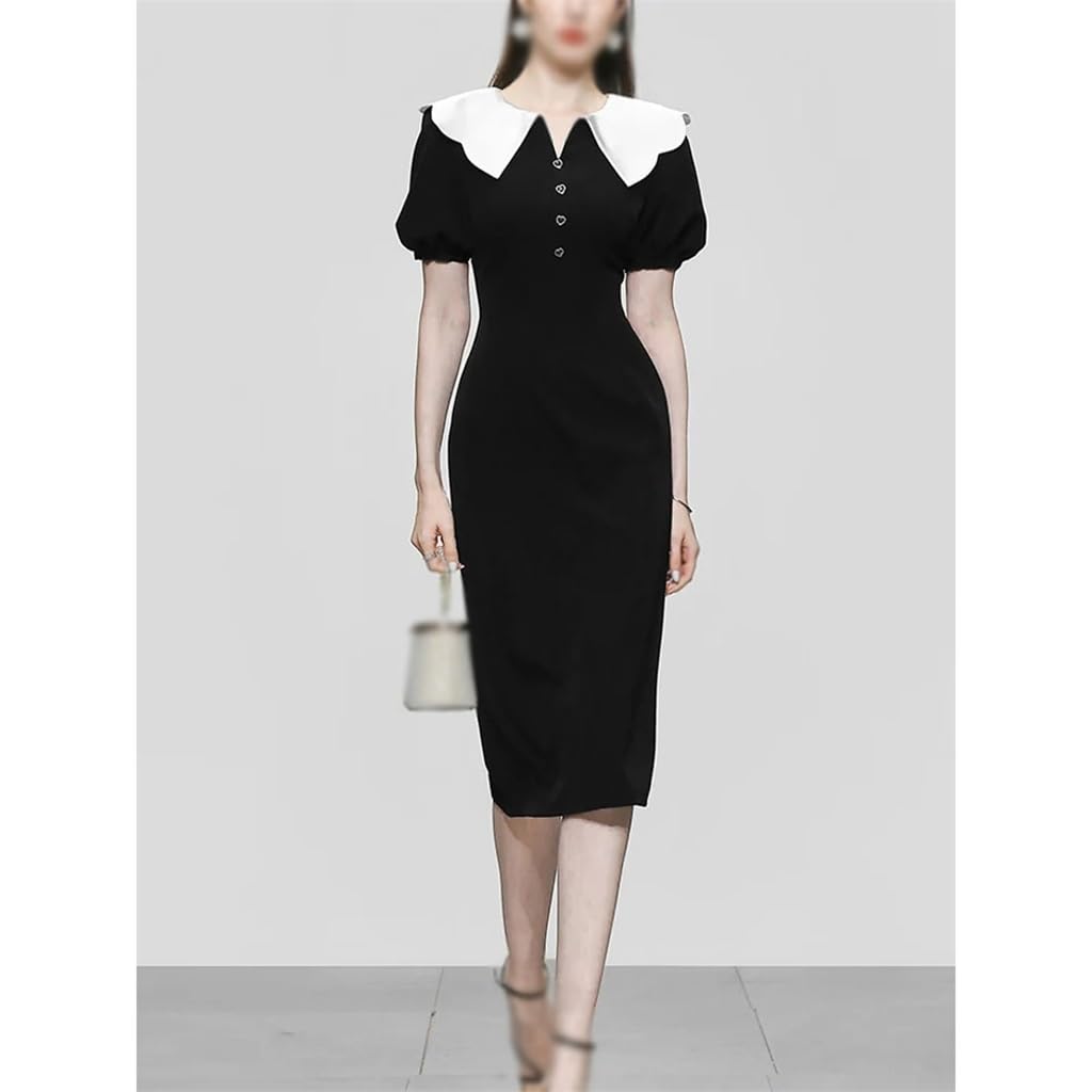 Amazon.com: PNAWLLCF White Collar Hot Button Black Party Evening Dress  Vintage Elegant Ladies Mid Gown(2XL) : Clothing, Shoes & Jewelry