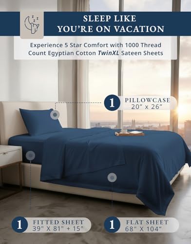 Image of LANE LINEN Twin XL Sheets Deep Pockets 100% Egyptian Cotton - Estate Blue