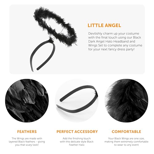 Ladies Dark Angel Costume Set - Black Feather Wings and Black Marabou Halo - Adults Dark Angel Fancy Dress Costume Accessory Set - Image 2