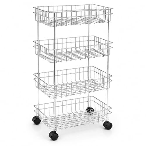 Image of TUNIS 4 Tier Stainless Steel Wire Storage Basket Trolley |Fruit & Vegetable Trolley with 360 Moving Wheels| Rack for Kitchen, Fruits, Vegetables & Grocery Storage, Movable Organizer Cart