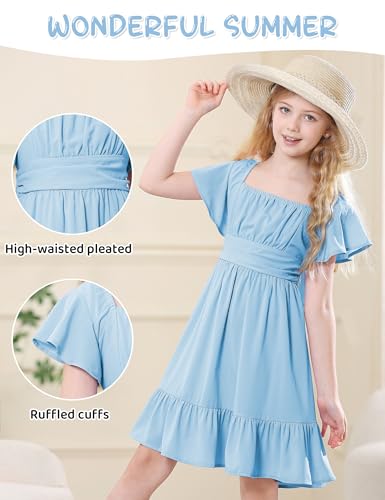 Durio Girls Summer Short Sleeve Dress Tie Back Off Shoulder Dresses for Teens Ruffle Tween Girls Dresses Size 6-16 Years4