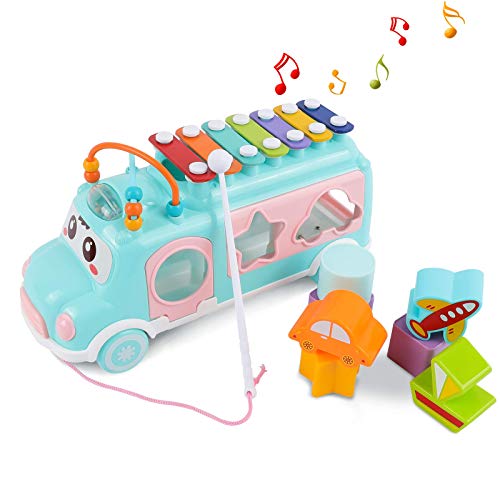 DeXop Baby Toy Musical School Bus,Knocking Piano Car with Shape Puzzles,Sensory Toys for Toddlers 1-3,Educational Learning Gift for Girls and Boys