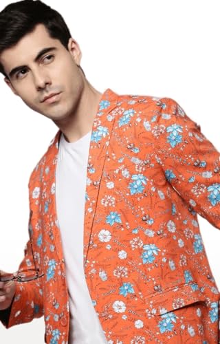 Image of SHOWOFFFF Men Printed Front-Open Casual Blazer | Notched Lapel Full Sleeves Cotton Blazer for Mens | Slim Fit Regular Length Blazer for Men's