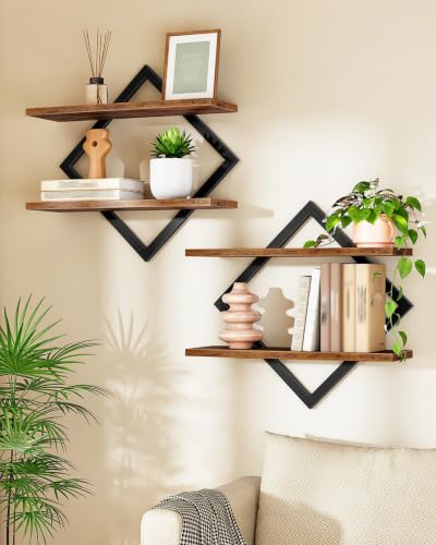 CHOEZON Floating Shelves, Set of 2 Wall Shelves, 2-Tier Hanging Shelves, Wall Shelf Set of 2, Wall Mounted Shelves, for Living Room, Bedroom, Kitchen, Office, Study, Rustic Brown TBJ01P2BF