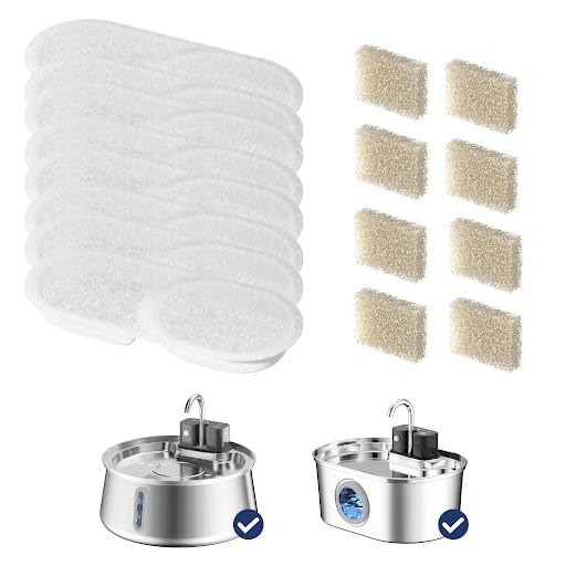 PawsPik Stainless Steel Cat Water Fountain Replacement Filters, 8-Pack (with Sponges), Compatible with 3.2L Oval & 4L Circular Fountains