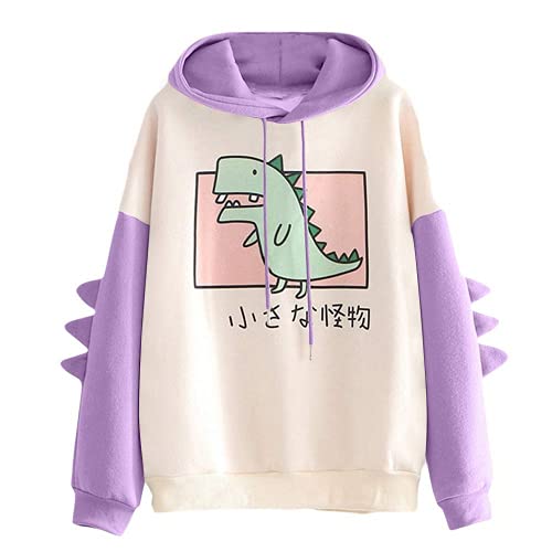 QIANRUI Sudadera Chica Adolescente con Capucha Mujer Sudaderas Juveniles con Estampado de Kawaii Dinosaurio Casual Ropa Top Invierno Otoño (M, Púrpura) Cover
