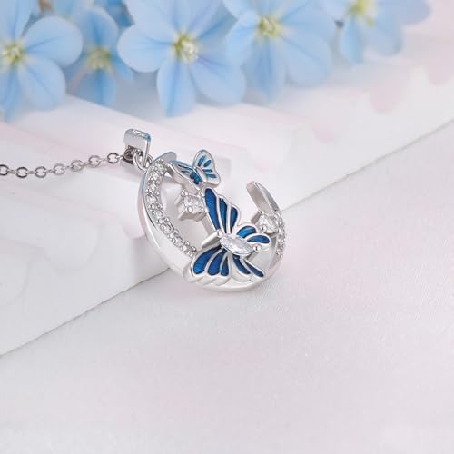 CZ Moon and Butterfly Necklace for Women S925 Sterling Silver Enamel Blue Butterfly Animal Pendant Moon Jewelry Birthday Anniversary Valentines Gifts for Wife Girlfriend Mom3