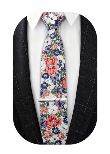 Image of Barry.Wang 100% Cotton Floral Ties for Men 63 inch Extra Long Necktie Clip | Fashion Cotton Printed Neckties,Wildflower 2.76 inch Ties Skinny,Gift Box,Groomsmen Wedding‌ Engagement Graduation