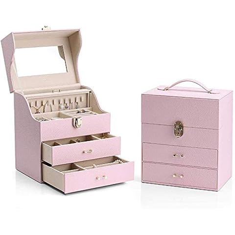 XBSXP Large Jewelry Storage Box with Large Capacity Mirror, PU Leather Wooden Decorative Jewelry Storage Box, Can Store 3 Layers (Pink) (Color : Pink) Cover