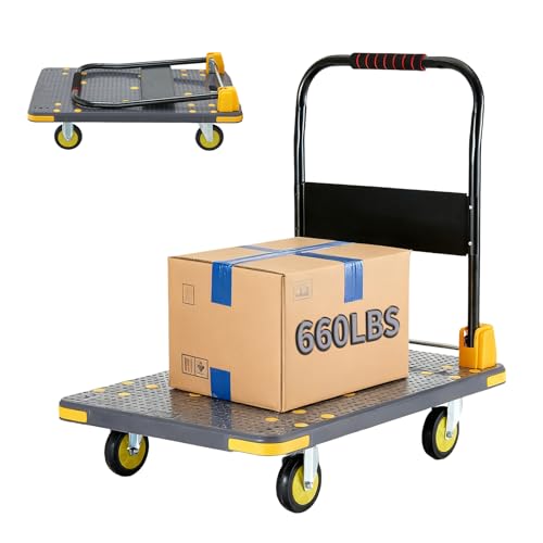 Push Cart Dolly – Foldable Heavy-Duty Flatbed Platform Cart with 360° Rotating Wheels for Moving, Ideal for Food Trucks and Trailers, 660 lb Load Capacity, BlackGray by DIAMONDFORGE - Used condition - US$75.95