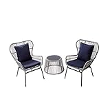 Teamson Home 3-TLG. Terrasse Gartenmöbel, Rattan Patio 2 Stühle & Tisch Bistro Sitzgarnitur mit Kissen, Wetterbeständig, Weiß/Blau