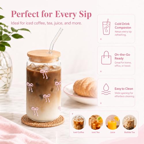 Vasos estéticos de vidrio con tapas y popotes para evitar derrames de café 5