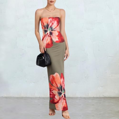 Image of Women Y2k Strapless Maxi Dress Summer Backless Floral Long Tube Dress Off Shoulder Cocktail Party Dress